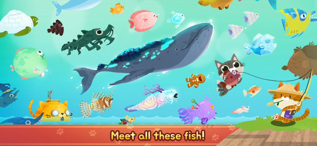 The Fishercat - A diverse collection of colorful underwater fish and a large whale in The Fishercat game
