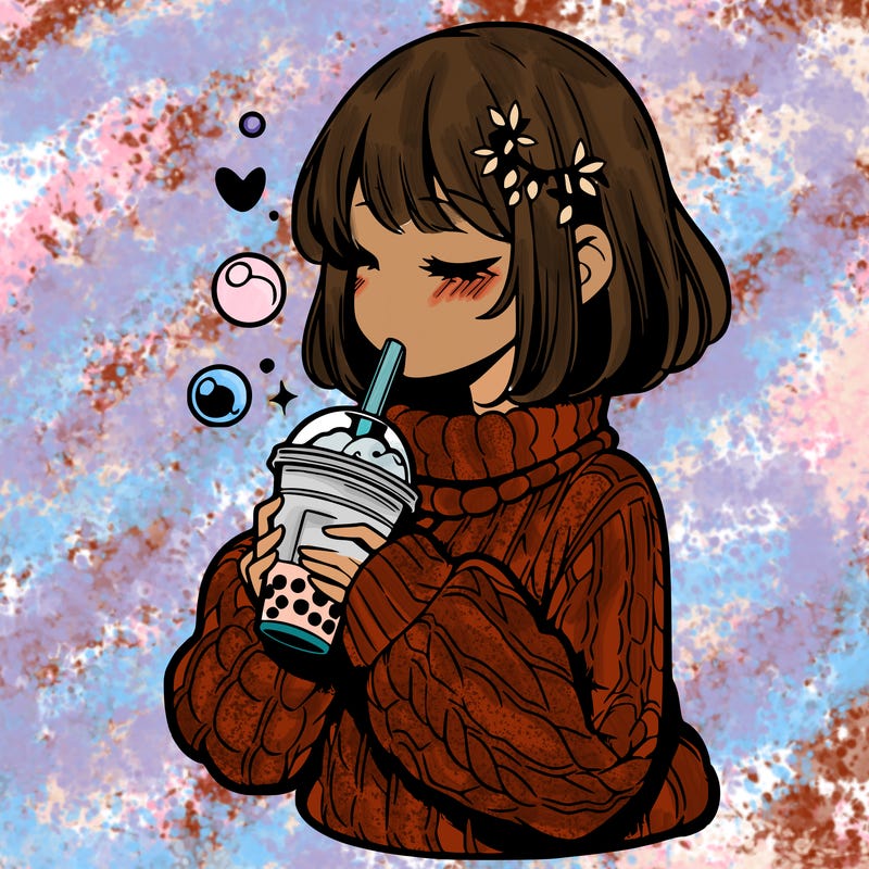 manga girl drinking boba in cozy sweater