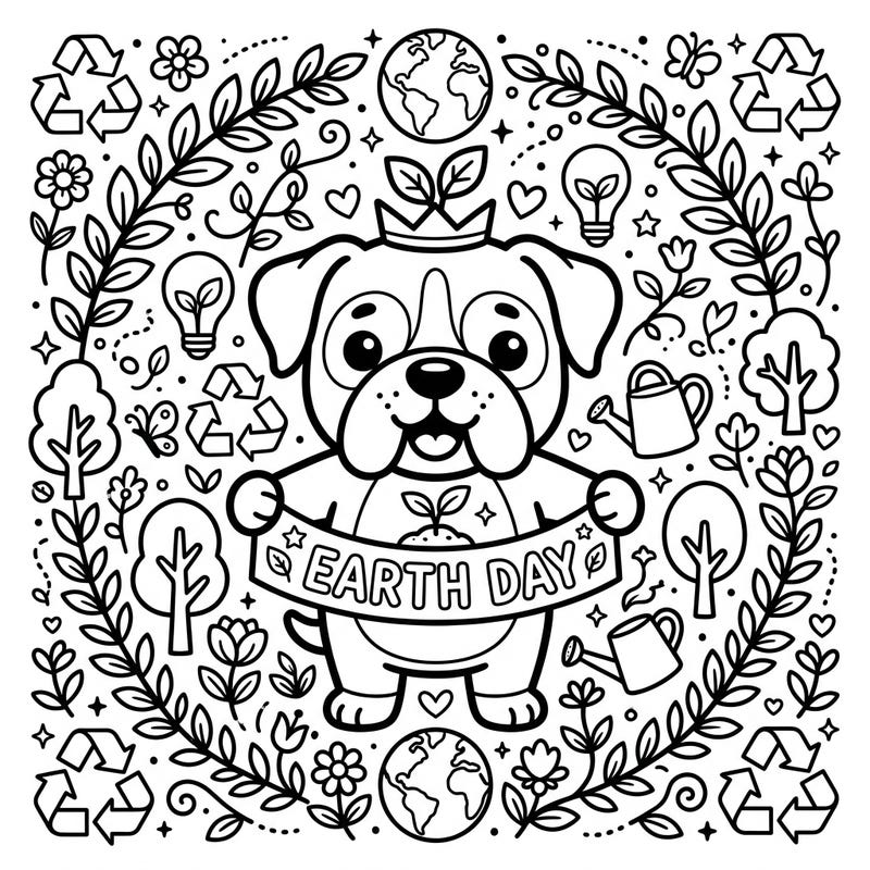 Get ready to celebrate Earth Day with an incredibly cute Kawaii Boxer, eagerly promoting environmental awareness. This charming coloring page is bursting with delightful eco-friendly elements, inviting you to bring them to life with your favorite colors.