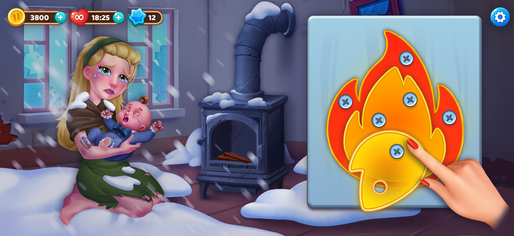 A crying woman holding a baby in a snowy room next to a fire puzzle in Manor Cafe