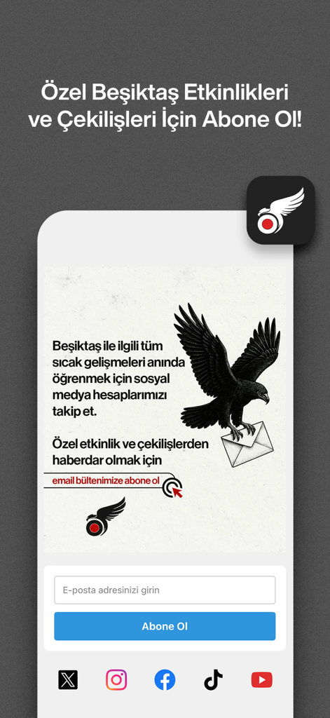 Kartal Record - Kartal Record app newsletter signup screen for Beşiktaş events and giveaways featuring an eagle icon and social media links