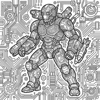 Dive into a futuristic world with this incredibly detailed military cyborg coloring page designed for adults. Explore advanced robotics and intricate circuitry, bringing this powerful machine to life with your favorite colors.