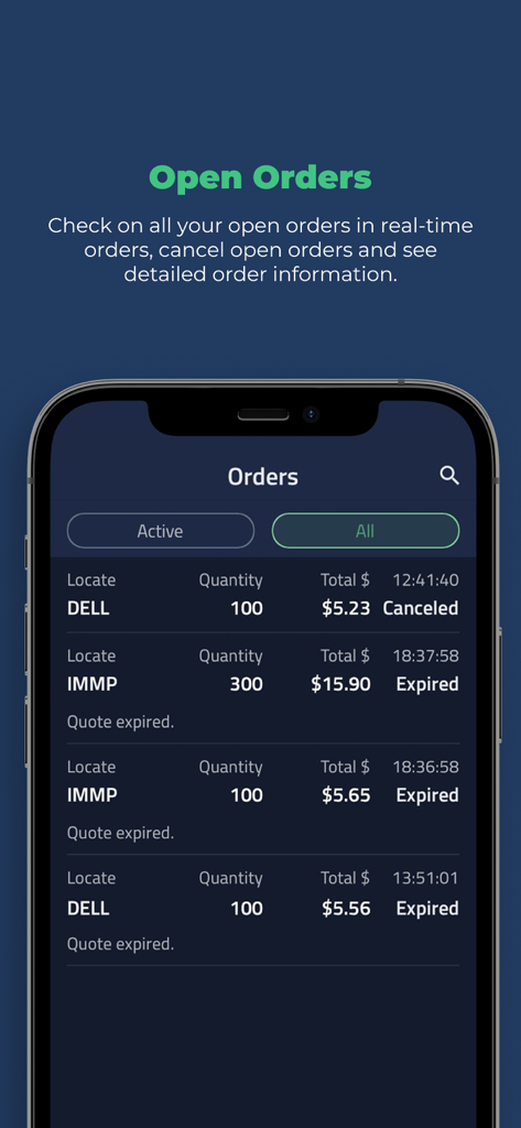 TradeZero - Interface de l'application TradeZero montrant une liste d'ordres de négociation d'actions actifs et expirés.