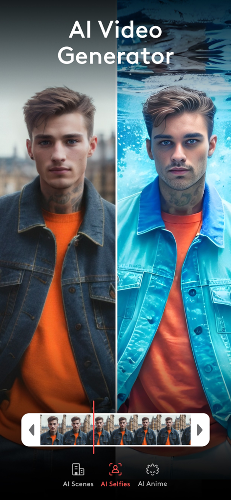 Captura de pantalla de la aplicación Videoleap mostrando la función Generador de Video con IA con una comparación de antes y después de un hombre usando el efecto AI Selfies.