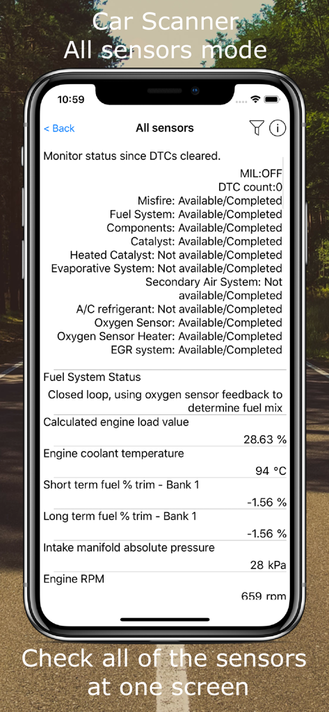 App Car Scanner che mostra i dati dei sensori del motore in tempo reale, inclusi RPM e temperatura del liquido di raffreddamento
