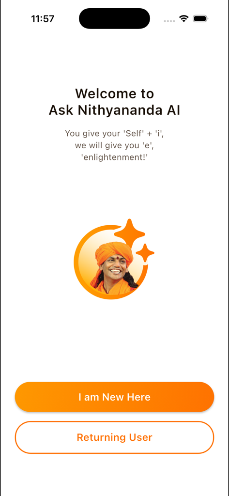 Welcome screen of the Ask Nithyananda AI spiritual guidance mobile app