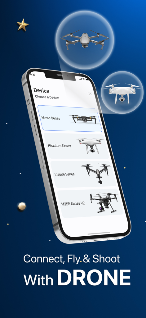 Go Fly for DJI Drones - Pantalla de la aplicación Go Fly para elegir modelos de drones DJI como las series Mavic y Phantom