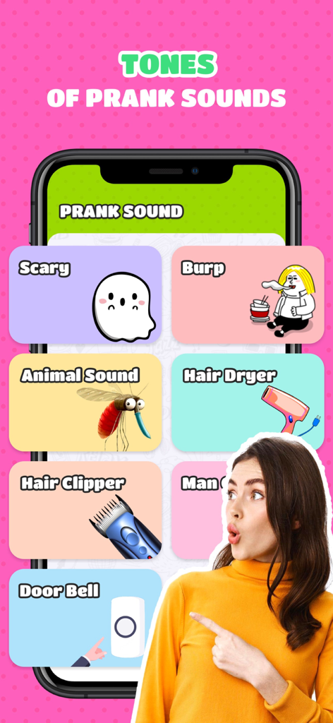 Interface of a prank app showing sound categories like hair clipper, burp, and scary sounds.