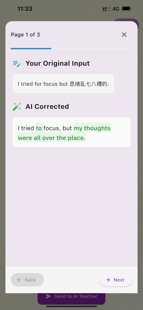 Lingo Journal - Lingo Journal app interface showing AI correction of a journal entry written in a mix of English and Chinese.