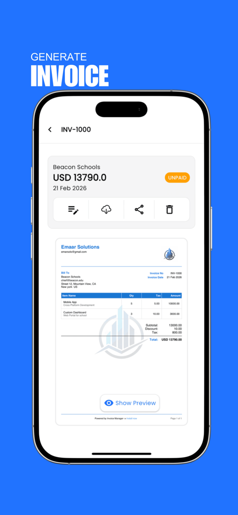 Interface profissional de gerador de faturas móveis mostrando uma prévia de conta não paga