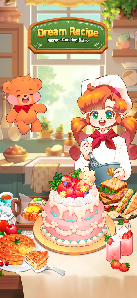 Dream Recipe : Merge Cooking - Une mignonne cheffe anime et un ours en peluche dans une cuisine cosy avec un grand gâteau aux fraises et diverses pâtisseries