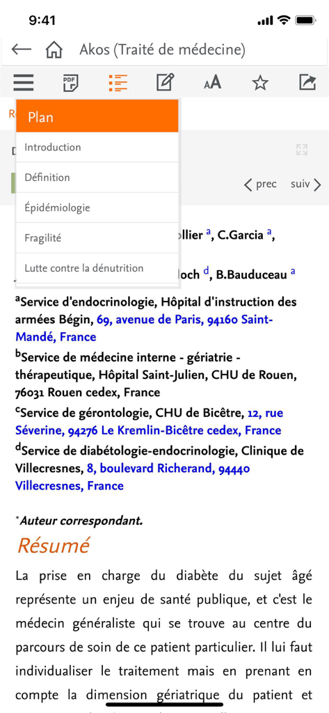 EMC mobile - Screenshot of a medical article in the EMC mobile app with an open navigation menu showing sections like introduction and definition.