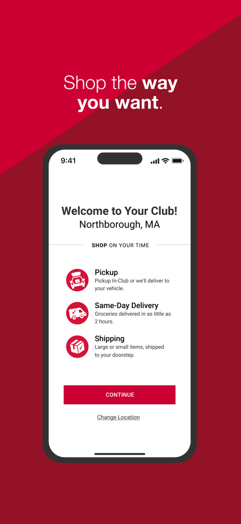 BJs Wholesale Club - Benutzeroberfläche der BJ's Wholesale Club App mit Optionen für Abholung vor Ort, Lieferung am selben Tag und Versand