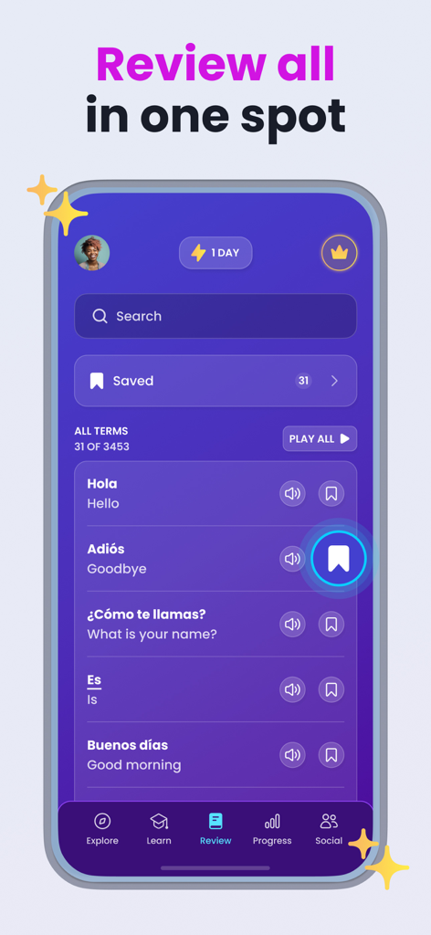 Mondly app review screen showing a list of saved Spanish phrases with audio playback options.
