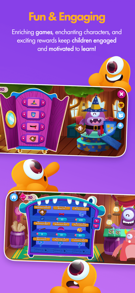 AdaptedMind Math: Learning App - Character customization and reward shop interface in the AdaptedMind Math app featuring colorful monster characters.