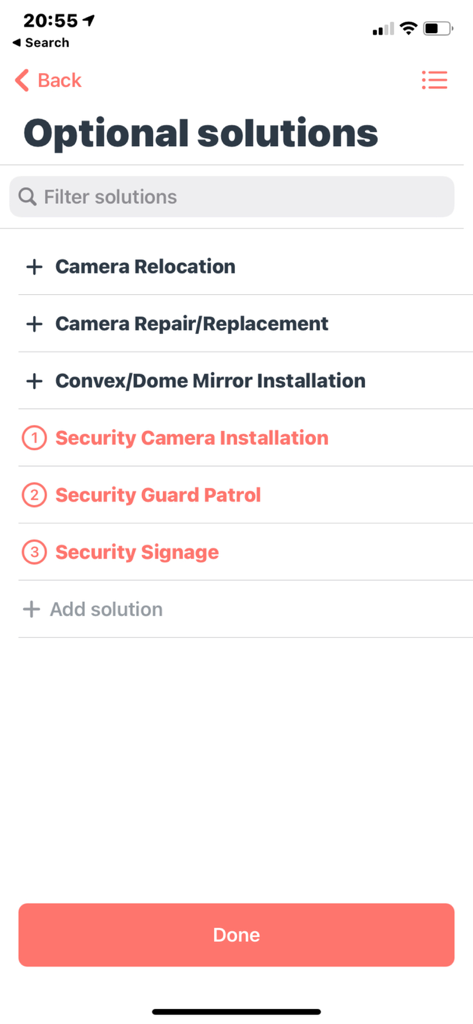 EasySet - Security Templates - A list of optional security solutions in the EasySet mobile app including camera installation and security signage