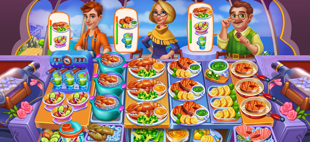 Cooking 2024 - Chef Food Games - Cartoon customers waiting for seafood and green drinks at a busy restaurant counter