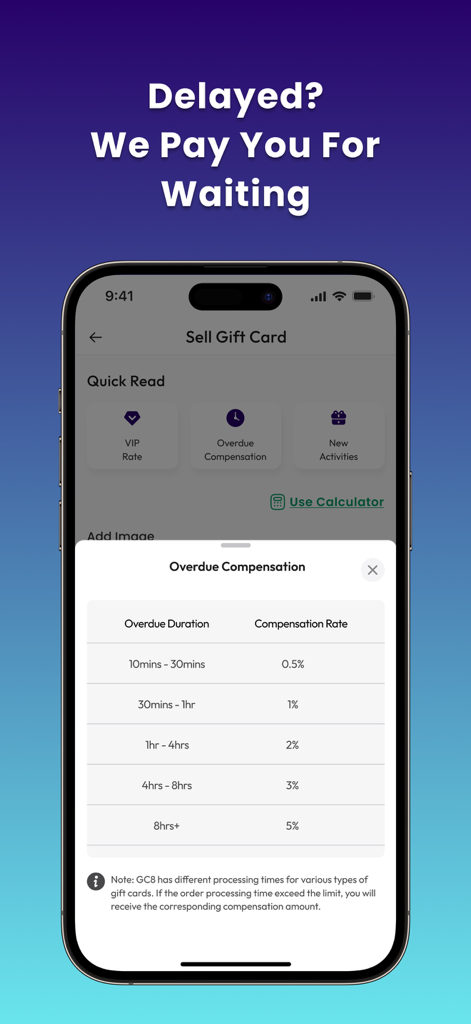 GiftCard8:Redeem Gift Cards - A table showing overdue compensation rates for gift card transactions on the GiftCard8 mobile app.