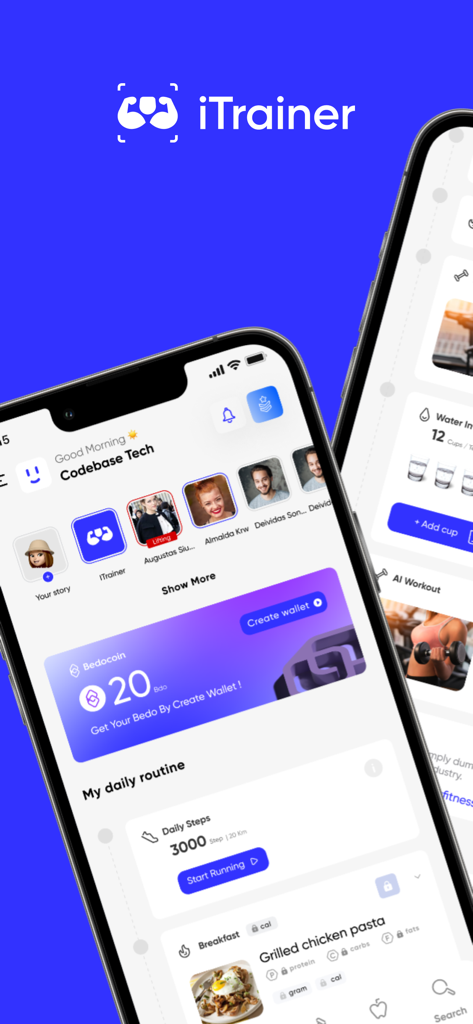 iTrainer mobile app interface showing step tracking, meal planning and AI workout routines on iPhone