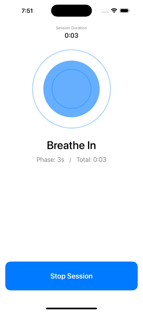 BreathAnchor - Interfaz de la aplicación BreathAnchor que muestra la fase de inhalación de una sesión de respiración guiada con una guía visual azul