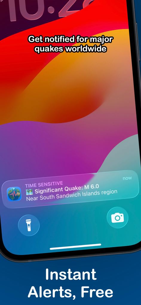 QuakeInfo: Seismic Monitoring - Notifica di allarme terremoto su una schermata di blocco dell'iPhone che mostra un evento di magnitudo 6.0.