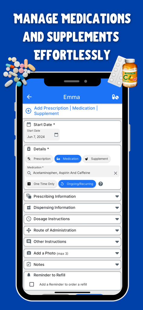 Mobile app interface for managing and tracking medications and supplements with dosage instructions and refill reminders.