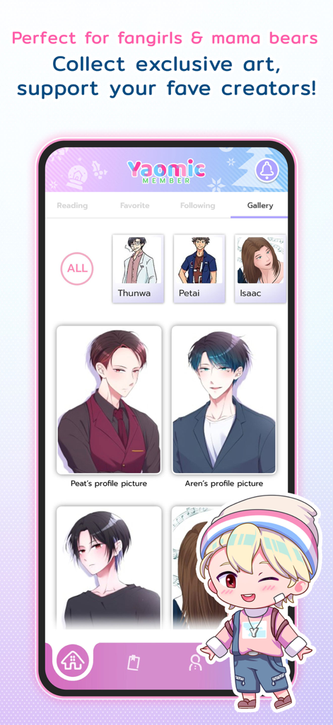 Yaomic: Comics, Fiction, Yaoi - Uma tela de aplicativo móvel para Yaomic mostrando uma galeria de imagens de perfil exclusivas de personagens de anime.