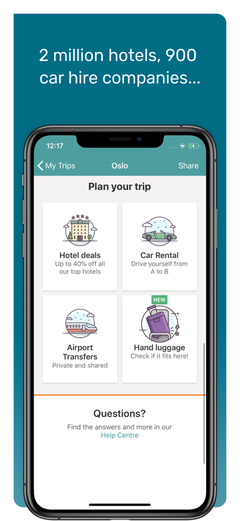 Travellink mobile app interface for planning a trip with hotel deals and car rental options