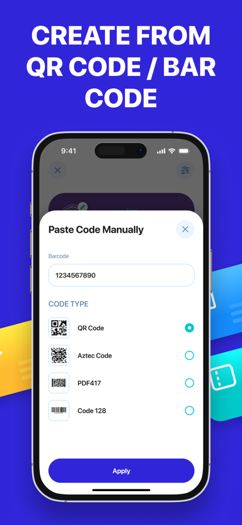 Interfaz de la aplicación Pass2Wallet mostrando la pantalla de entrada manual de códigos con opciones para tipos de Código QR, Código Azteca y Código de Barras.