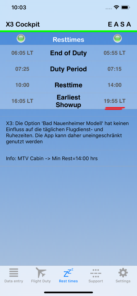 EASA vs Airline FTL app interface comparing rest times and duty periods