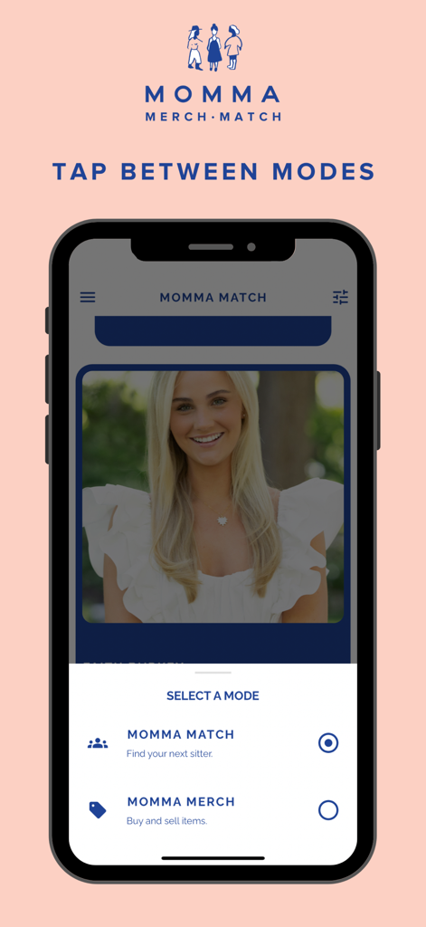 Smartphone screen showing the Momma app interface with options to select between babysitting services and the local marketplace.