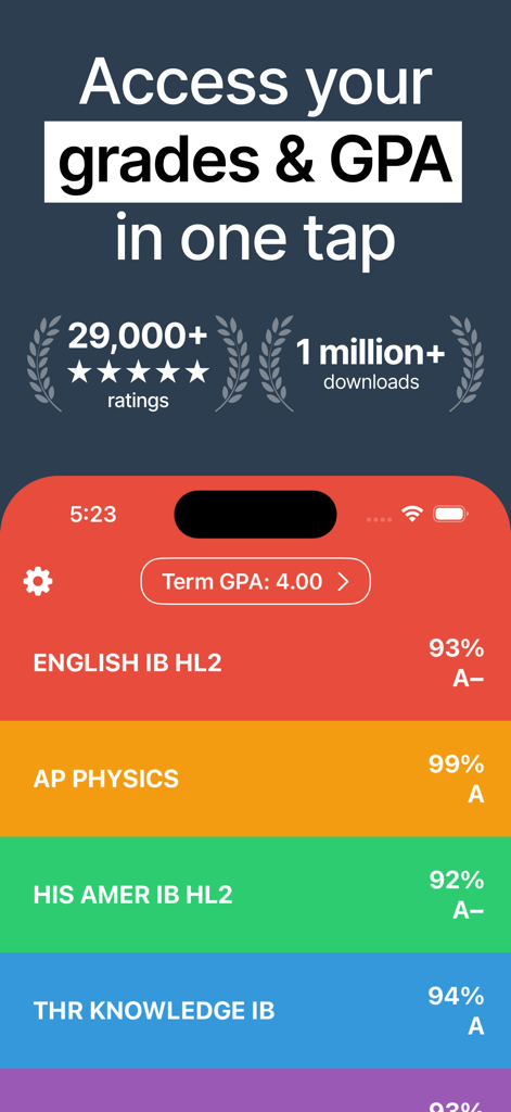 Gradekit: Track Grades & GPA - Interfaz de la aplicación Gradekit mostrando las calificaciones de los cursos de los estudiantes y un panel de GPA trimestral de 4.0