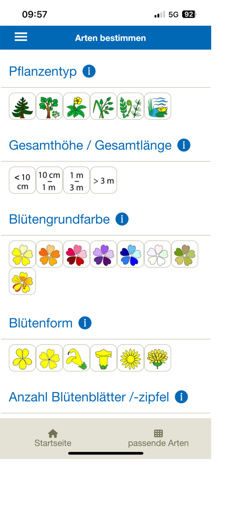 Feldbotanik app interface for plant identification using criteria like type, height, flower color, and shape