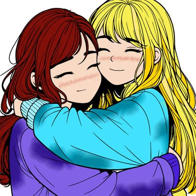 realistic two girls hugging