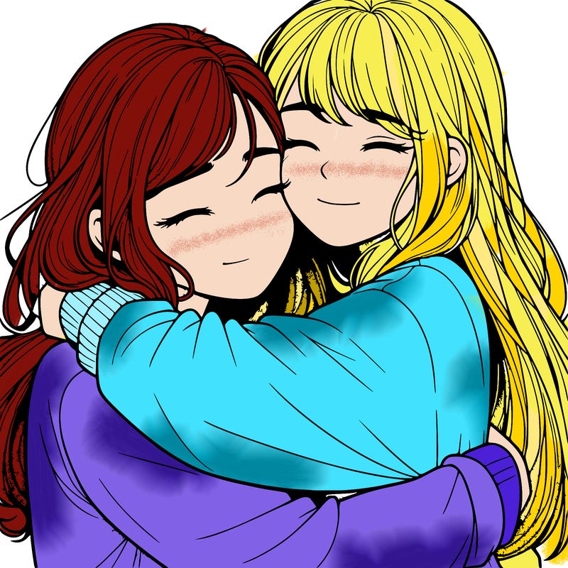 realistic two girls hugging