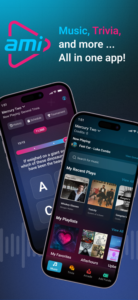 Dois smartphones exibindo a interface do aplicativo AMI Play com listas de reprodução de música e uma tela de jogo de trivia para entretenimento social em bares.