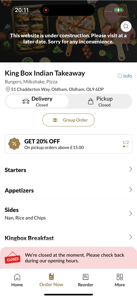 King Box Oldham - Interfaccia dell'app mobile King Box Oldham che mostra categorie di menu e offerte speciali