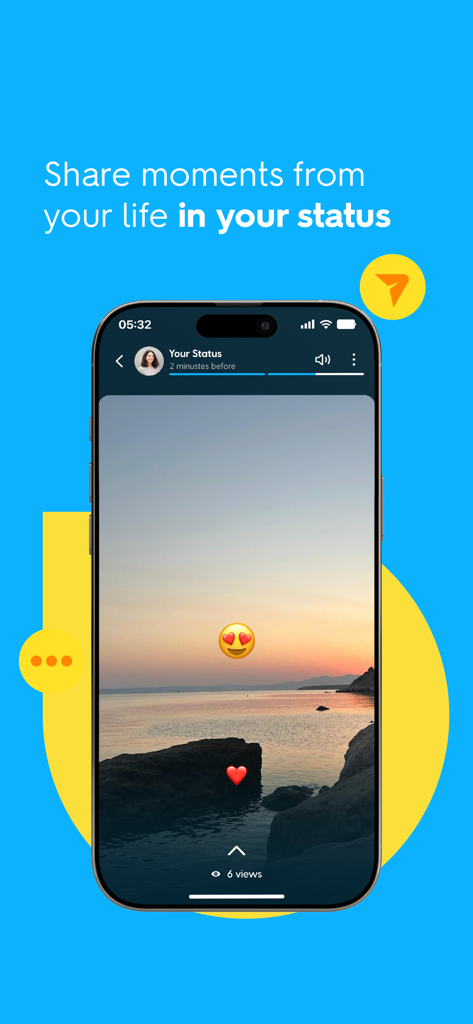 BiP messenger app status feature showing a sunset photo with emojis