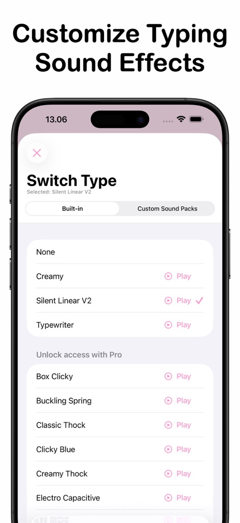 ClickClack app interface showing a list of customizable mechanical keyboard typing sound effects.