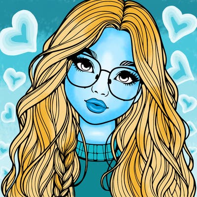 girl with long hair and freckles and glasses realistic