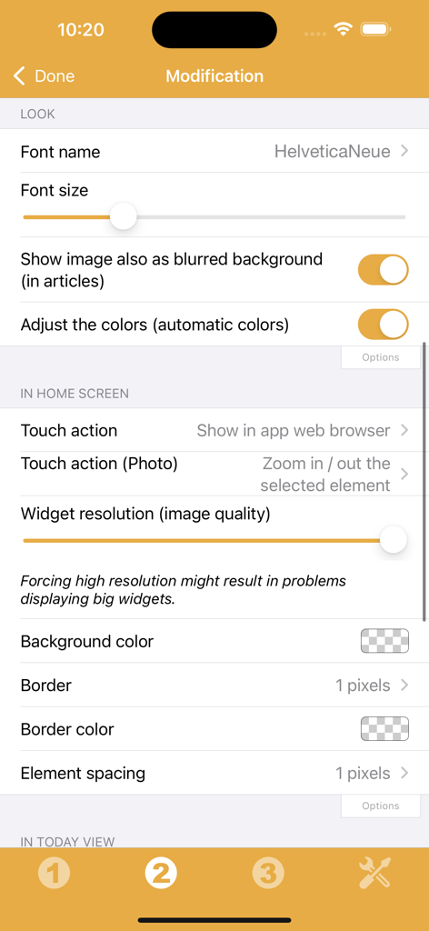 RSS Widget - Pantalla de modificación de RSS Widget que muestra la configuración de fuentes, colores y resolución de widgets en iOS.