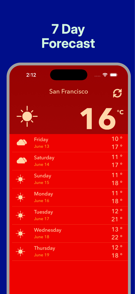 Local Weather Forecast - Interfaz del pronóstico meteorológico de 7 días para San Francisco que muestra las temperaturas diarias e iconos de sol