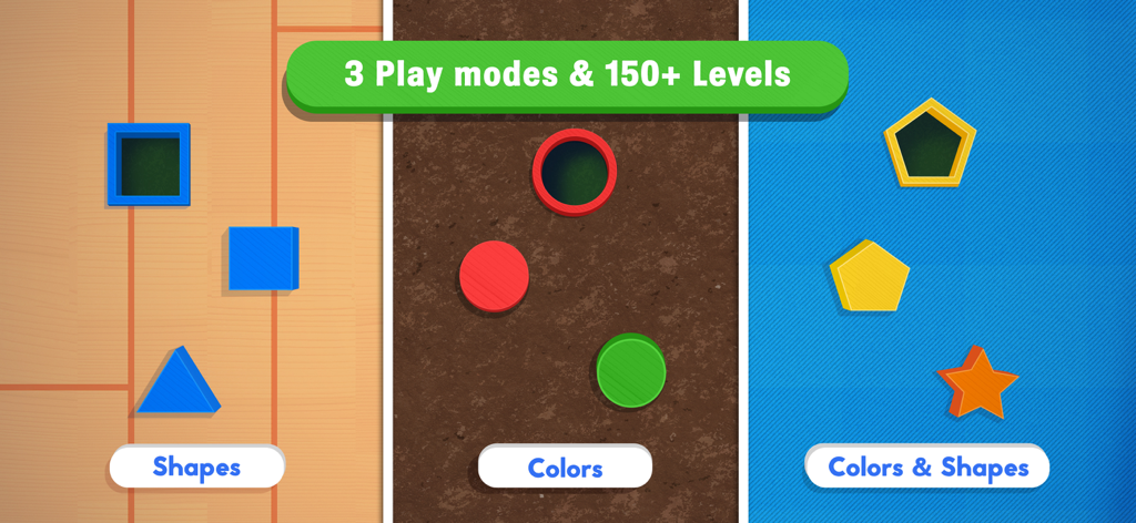 Busy Shapes & Colors - Busy Shapes and Colors app interface showing three educational play modes for learning shapes and colors