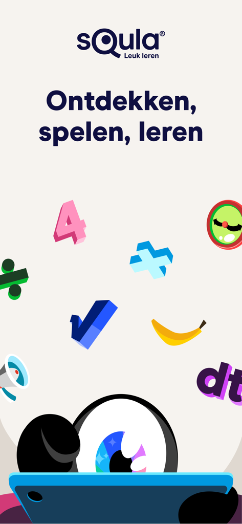 Squla - Fun learning - Squla mascot character using a tablet with colorful math and language symbols floating above