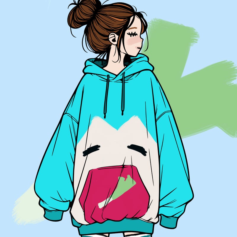 realistic girl with a oversized sweatshirt on and a bun