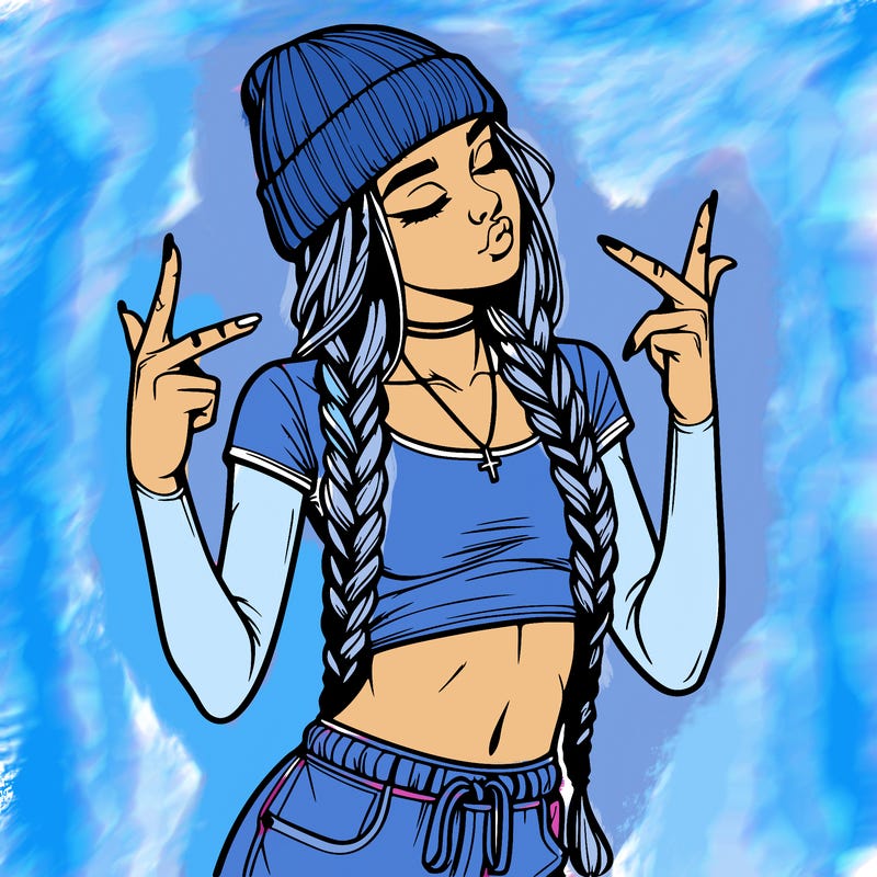 realistic teenage girl with braids and a beanie and crop top doing 🫶🏼