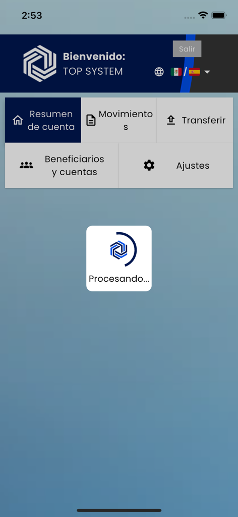 Central Pay - Central Pay mobile app home screen with financial menu and processing indicator