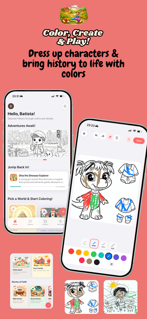 ColoringTales - Una interfaz de aplicación móvil que muestra historias históricas y páginas interactivas para colorear para niños.