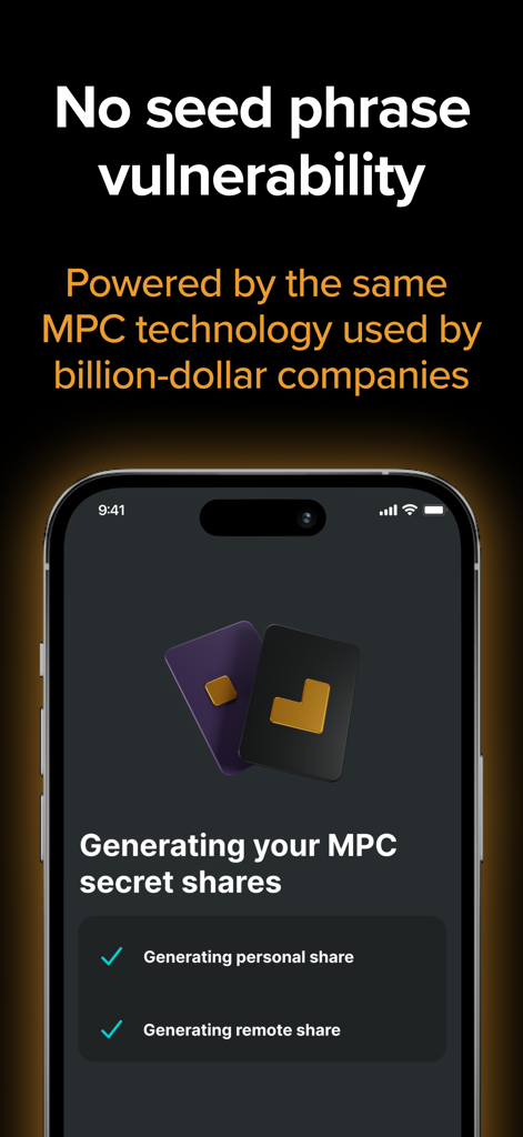 Écran de l'application Zengo montrant la technologie MPC et l'absence de vulnérabilité de phrase de récupération