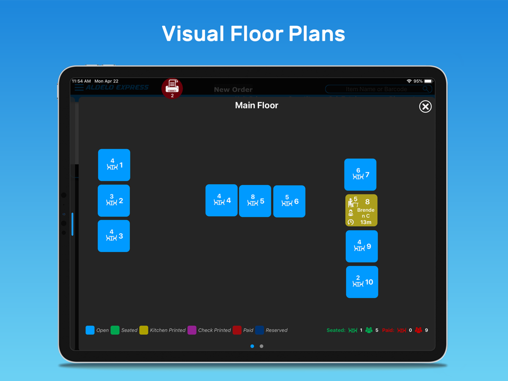 Aplicação POS Aldelo Express mostrando uma planta visual do restaurante com o estado das mesas num iPad